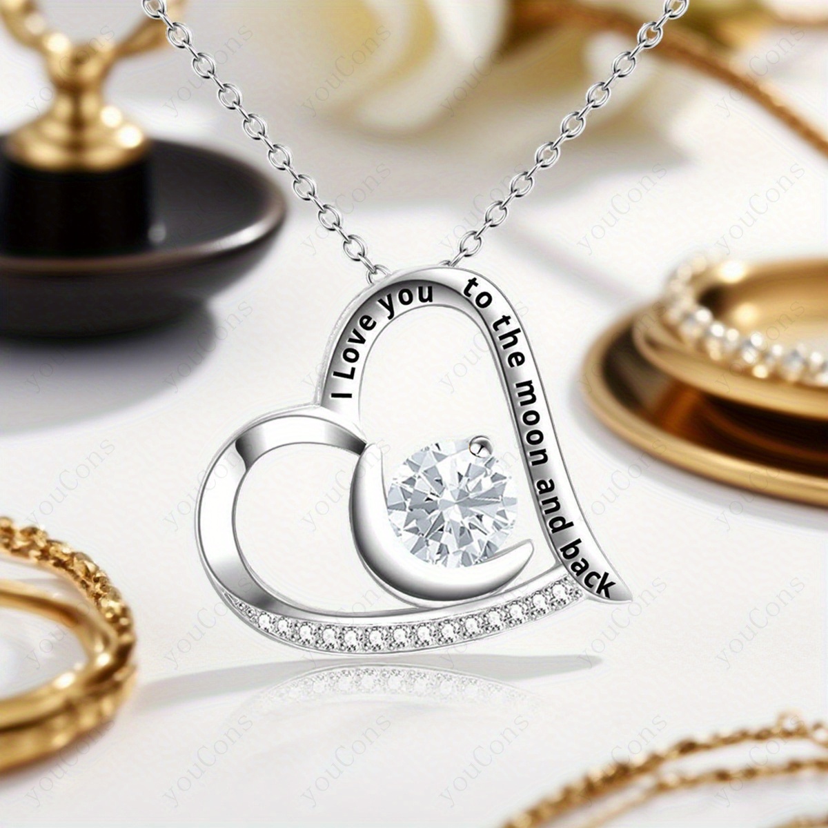 Exquisite White Cubic Zirconia Heart Crescent Pendant Necklace